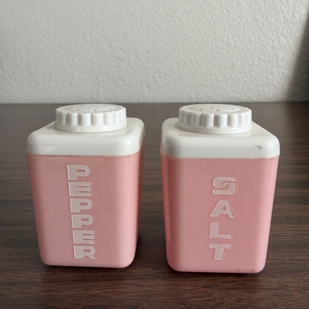 Vintage Pink and White Plastic Salt and Pepper Shakers Square Retro MCM Set